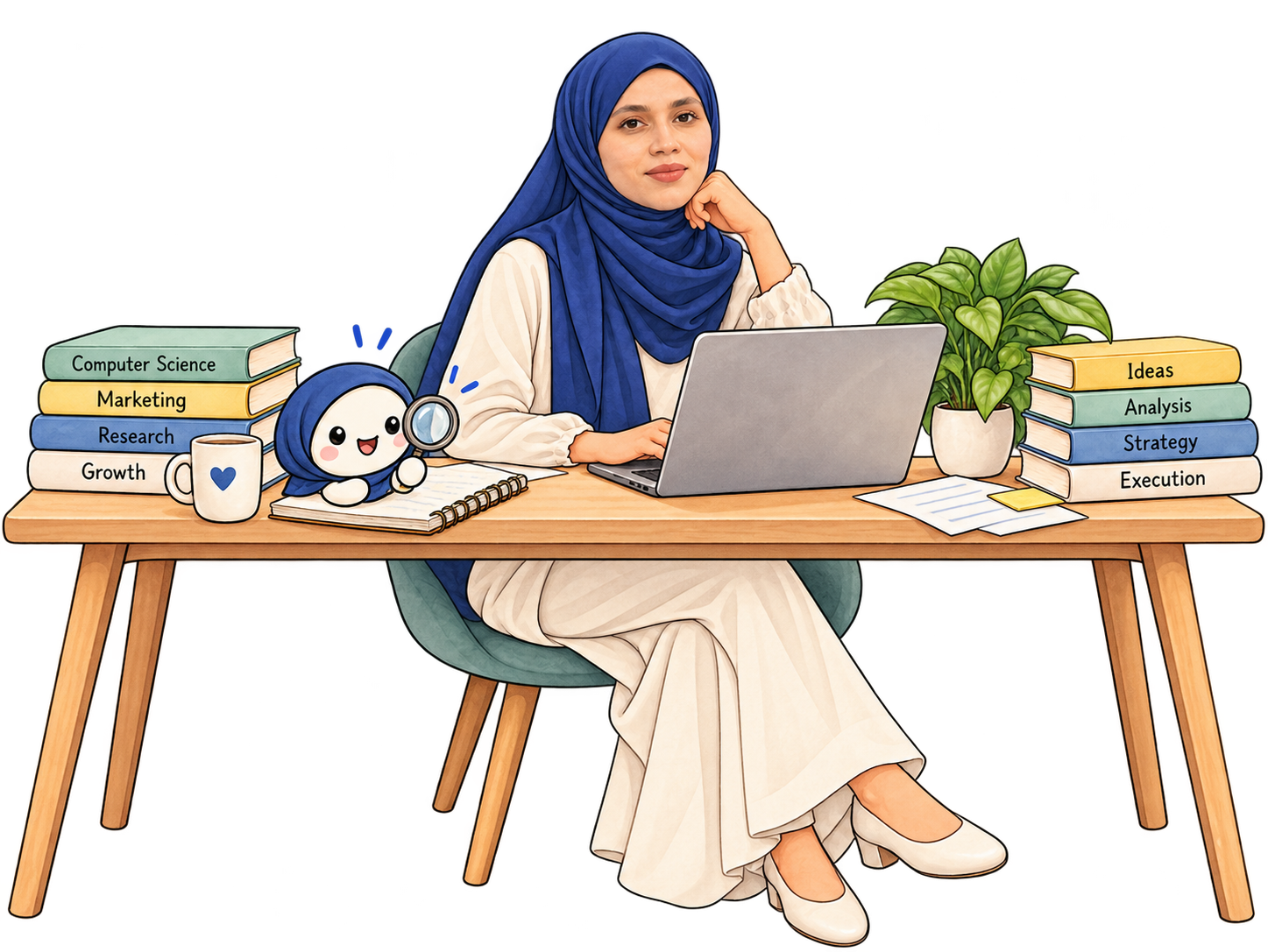 An editorial illustration of Lamis in a hijab at her laptop, with books on computer science, marketing, research and growth.